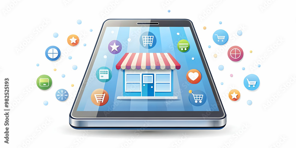 Flat Glossy Smartphone Illustration with Floating Retail and Business Icons - Perfect for Mobile Commerce Marketing and Branding in a Clean, Modern Design