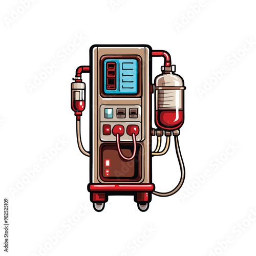 Detailed vector illustration of a hospital dialysis machine with a blood bag.