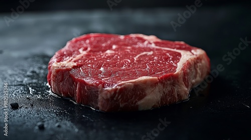 Surrealist rib eye meat, 3/4 angle, ultimate details, illuminated background, 8K resolution, showcasing unique and highly detailed meat products.