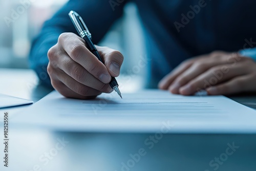 Closeup of contract signing during a successful business negotiation, document finalization, completion of negotiation photo