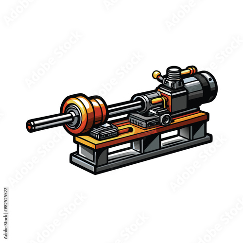 A detailed vector illustration of a mechanical lathe shaping a metal object, with a focus on the intricate details of the machine and its components.