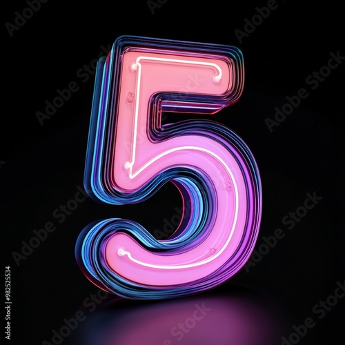 3D number 5 with neon texture realistic modern design, soft lighting, black background.