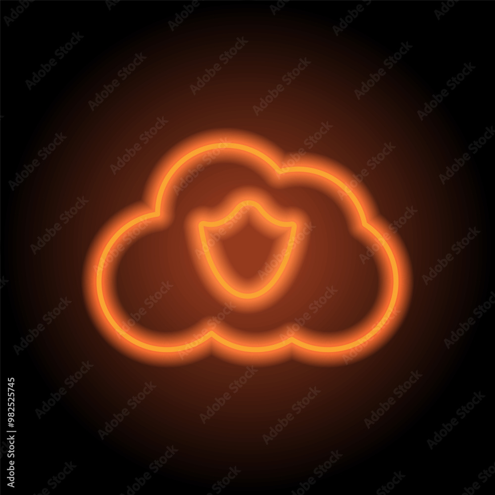 Protection, cloud simple icon vector. Flat design. Orange neon on black background Protection, cloud simple icon vector. Flat design. Orange neon on black background