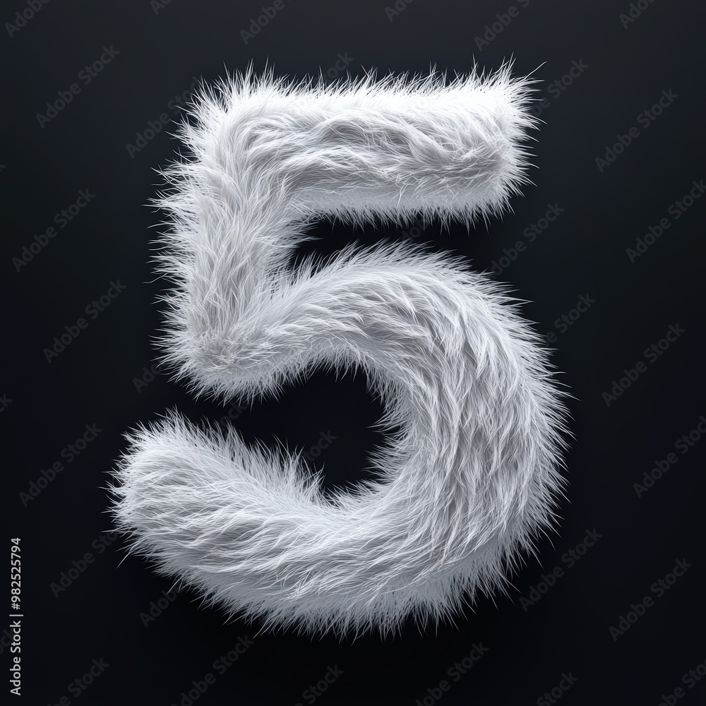Fototapeta premium 3D number 5 with fur texture realistic modern design, soft lighting, black background.