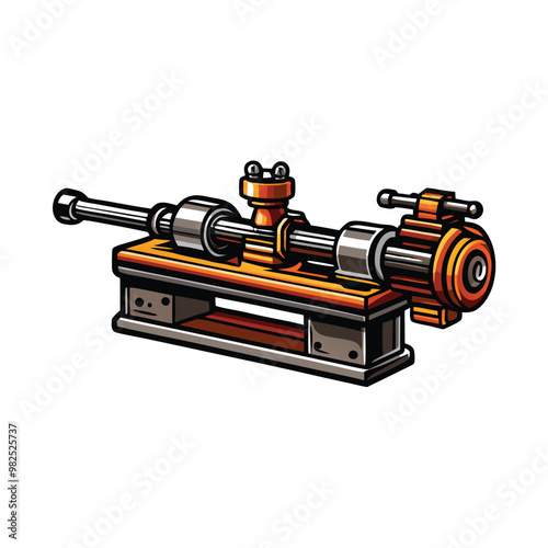 A detailed vector illustration of a mechanical lathe with orange and grey colors. The lathe is shaping a piece of metal.