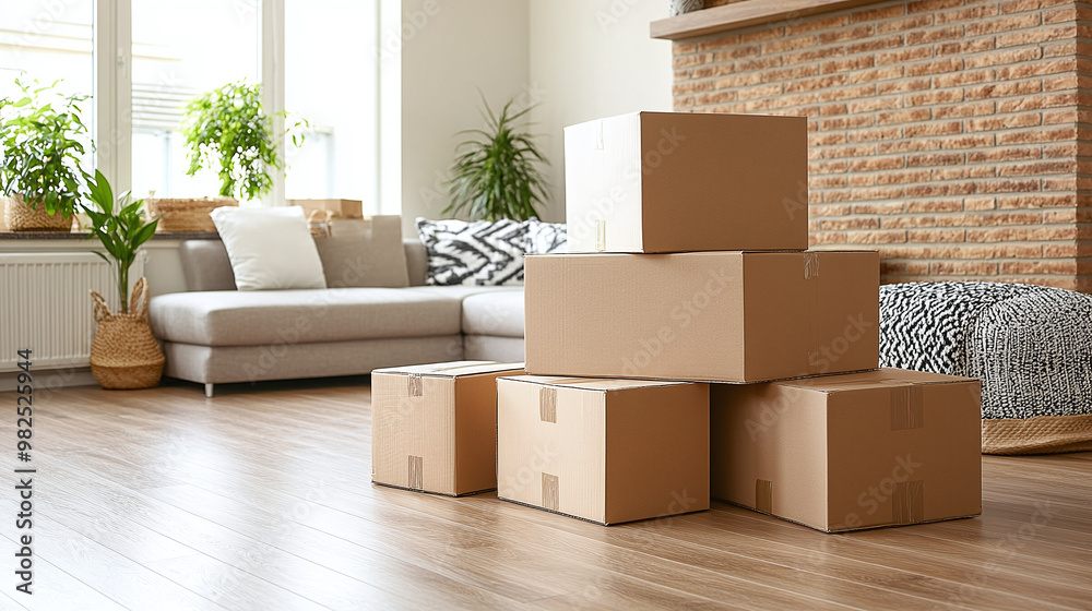 Stack of cardboard boxes with household belongings on wooden floor in living room Moving to new home, relocation, renovation Stack of cardboard boxes with household belongings on wooden floor in living room Moving to new home, relocation, renovation