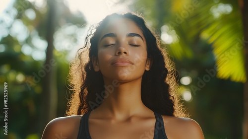Fit sporty mindful young Hispanic woman meditating doing yoga breathing exercises with eyes closed feeling peace of mind, mental balance standing in green nature tropical park on sunny day.