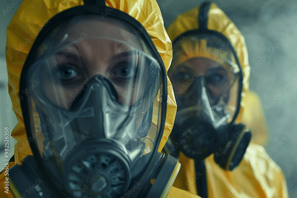 Generative AI illustration of people in biohazard protective clothes suits disinfection pollution gas radioactive elements Generative AI illustration of people in biohazard protective clothes suits disinfection pollution gas radioactive elements