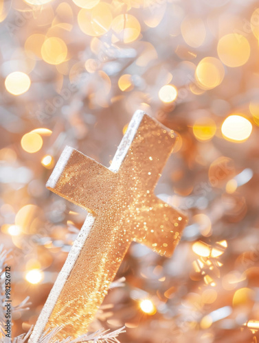 Golden crucifix with bokeh light background, Christian concept photo