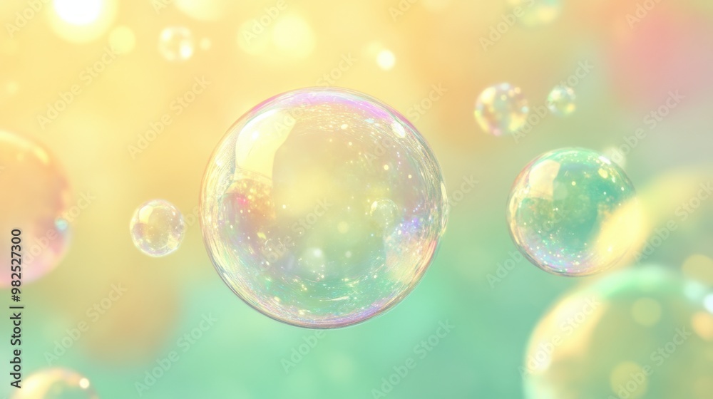 Iridescent bubbles drifting on a pastel mint and yellow background. Iridescent bubbles drifting on a pastel mint and yellow background.