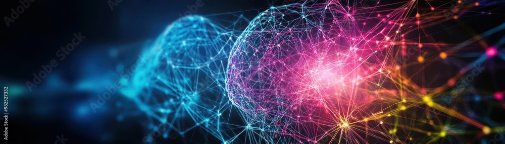 Abstract creative flow of ideas represented as colorful lines connecting multiple brains, idea network, collaborative business concepts