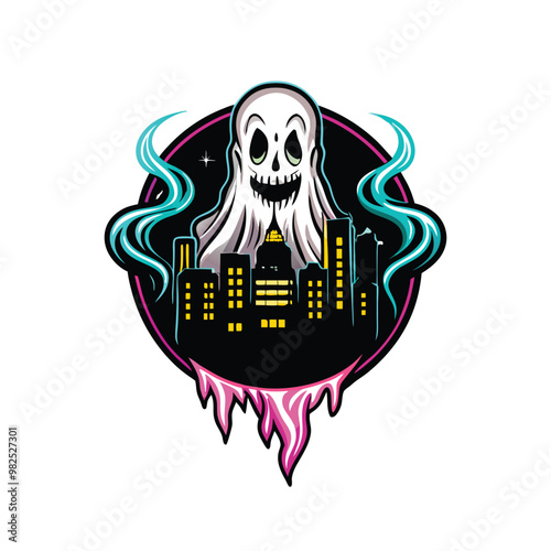 A neon ghost hovering over a city skyline, glowing with blue neon energy.