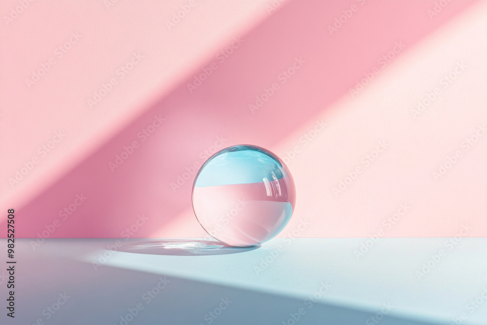 Glass sphere on a pastel pink and blue background Glass sphere on a pastel pink and blue background