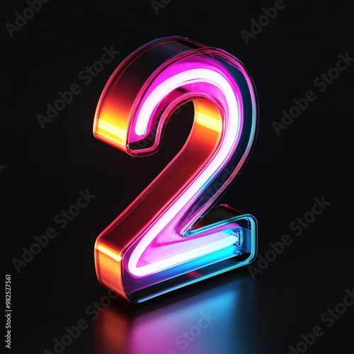 3D number 2 with neon texture realistic modern design, soft lighting, black background.