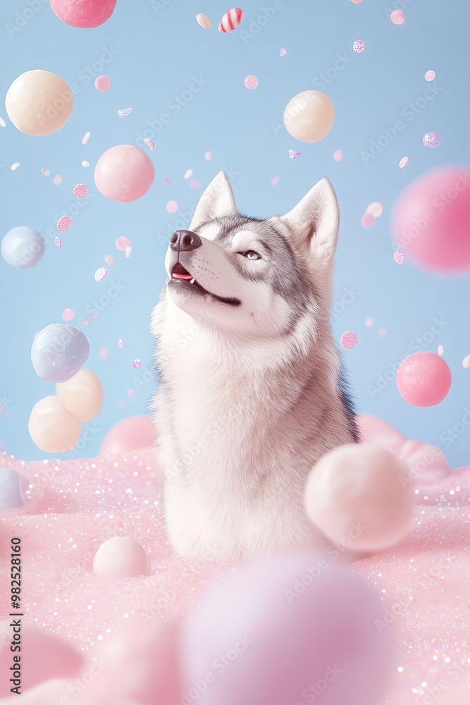 Fototapeta premium Enchanting Tiny Werewolf Surrounded by Glittering Candy Sparkles in a Whimsical Fantasy Setting Perfect for Halloween or Playful Themes