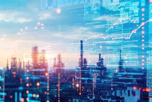 Wallpaper Mural A modern industrial landscape with factories and digital accounting metrics flowing through the sky as data streams Torontodigital.ca