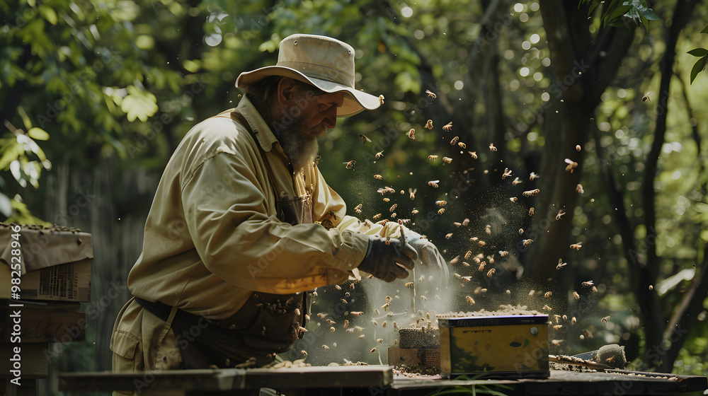 A beekeeper is seen working with beehives in a sunny field surrounded by nature. The scene captures the peacefulness of rural life, with bees flying around and sunlight filtering through trees A beekeeper is seen working with beehives in a sunny field surrounded by nature. The scene captures the peacefulness of rural life, with bees flying around and sunlight filtering through trees