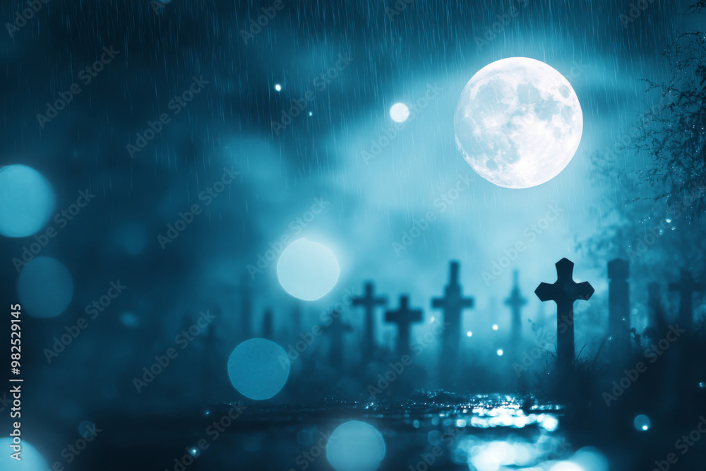 Full moon shining over a rainy graveyard at night, background Full moon shining over a rainy graveyard at night, background