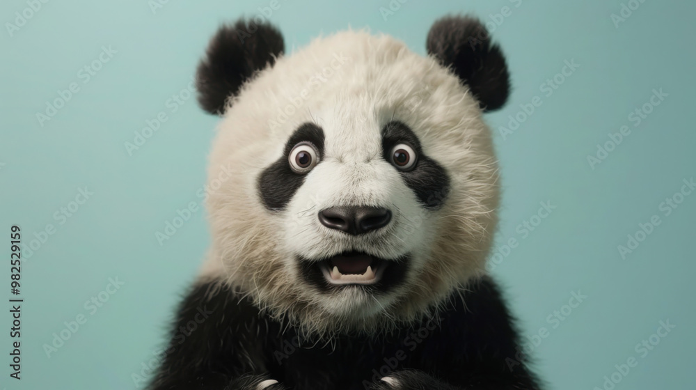 Fototapeta premium A surprised panda with wide, expressive eyes stands out against a minimalist backdrop, exuding a mix of cuteness and humor.