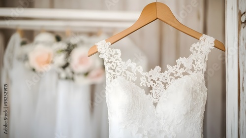Luxury white wedding dresses hanging on wooden hangers in bridal shop boutique salon. Wedding design. Online sale of pre-owned wedding dresses, sustainable lifestyle, wedding dress rental or sale