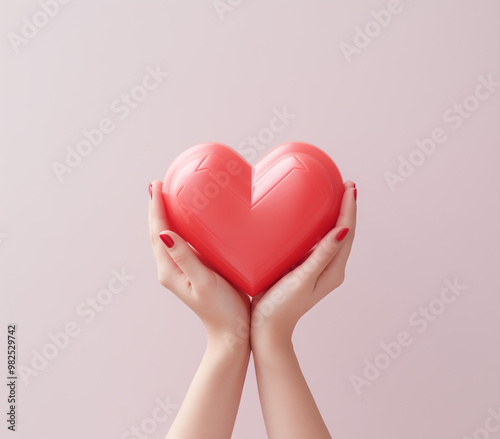 A person forming a red heart with two hands, Asymmetrical framing, Duckcore elements adding quirky humor, Subtle spiritual symbolism, Animated gif-inspired gestures, Playful yet symbolic composition 