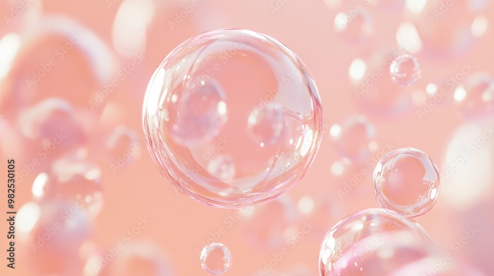 Shiny soap bubbles floating upward on a soft pastel coral backdrop. Shiny soap bubbles floating upward on a soft pastel coral backdrop.