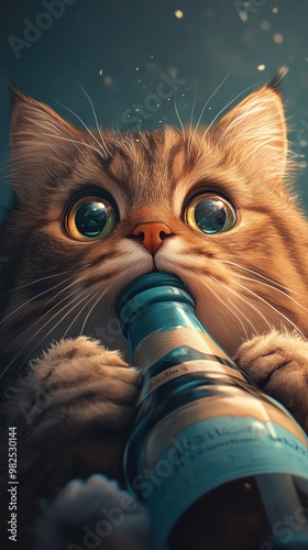 Cute cat with big eyes holding a blue bottle, looking curious and playful. Perfect for pet-themed projects and adorable animal content. photo