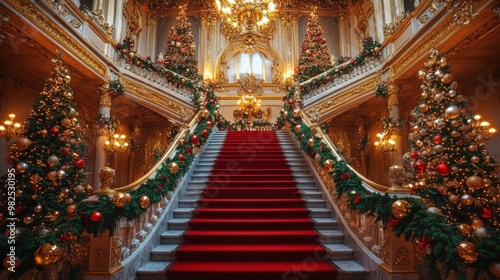 Opulent Grand Christmas Staircase with Elegant Holiday Decorations