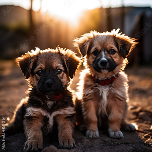 Two fluffy homeless puppies photo