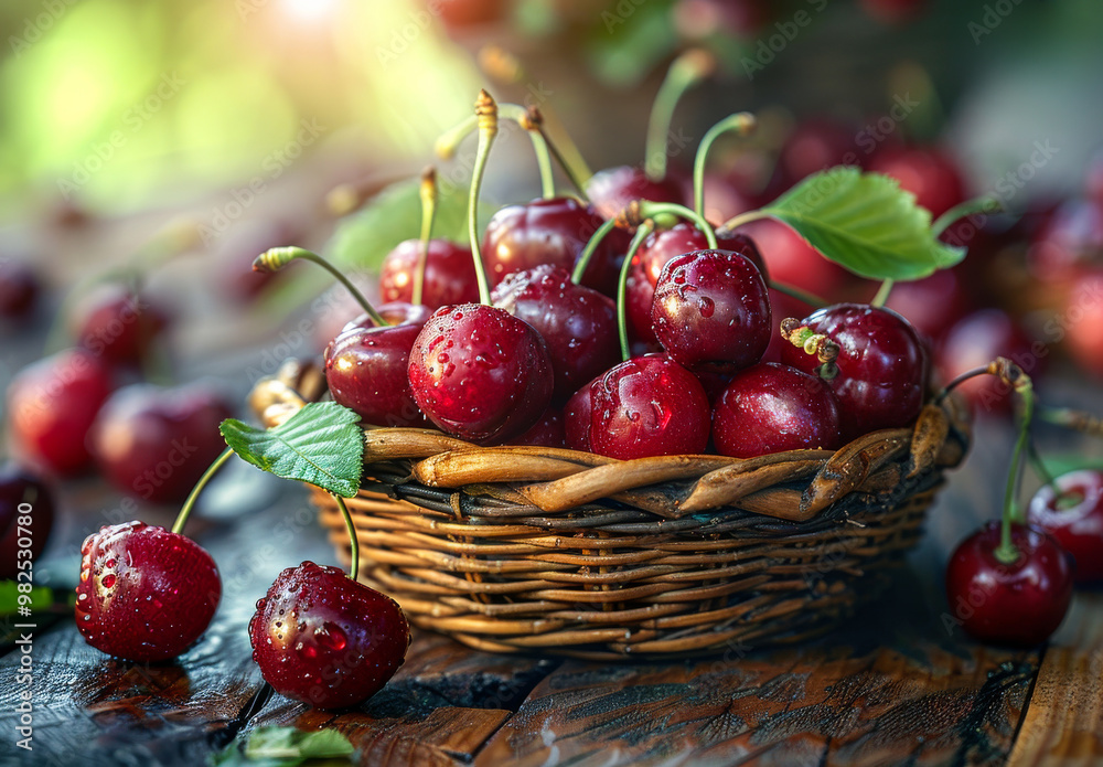A basket full of ripe cherries with green leaves on top. The cherries are shiny and wet, and the basket is on a wooden table A basket full of ripe cherries with green leaves on top. The cherries are shiny and wet, and the basket is on a wooden table