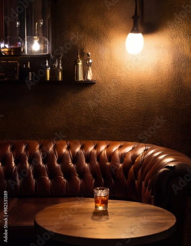 スピークイージーバーの静かなコーナーとレザーソファ | Quiet Corner of a Speakeasy Bar with Leather Sofa