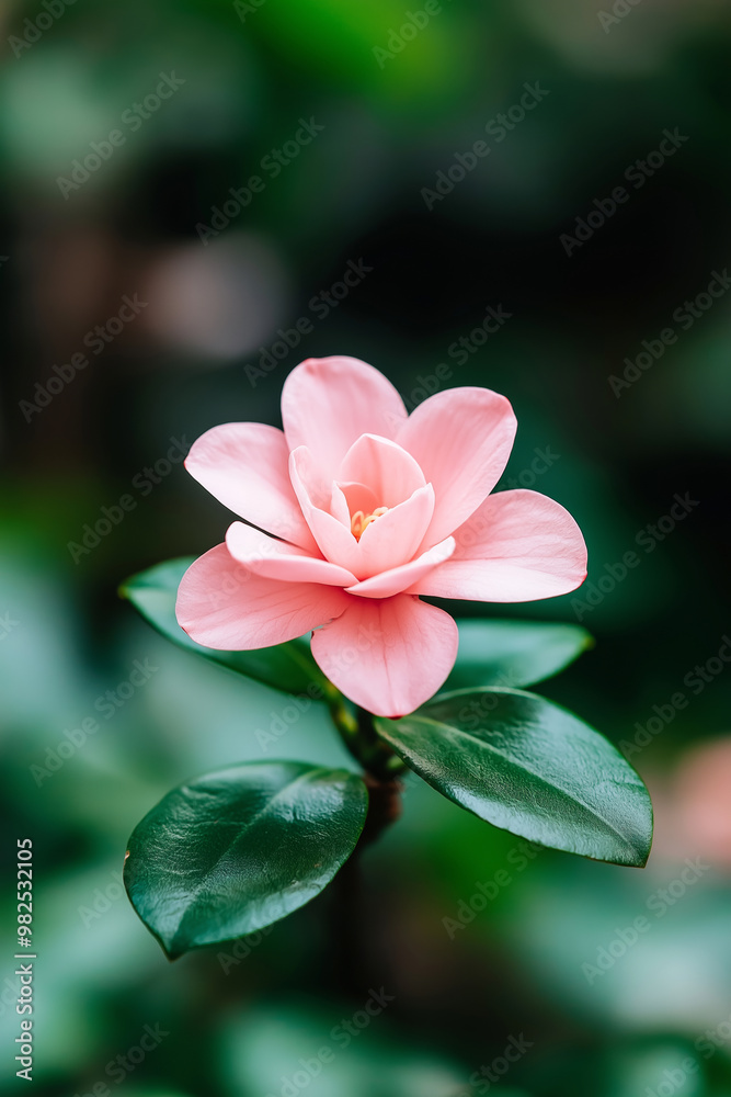 Fototapeta premium A delicate pink flower blooms amidst lush green leaves, showcasing natural beauty and serenity.