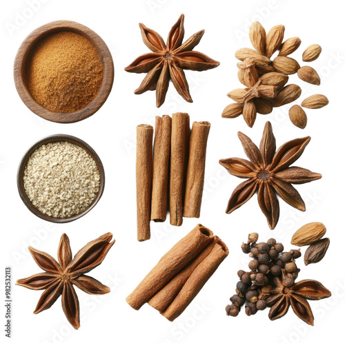 PNG Aromatic spices and herbs arranged on a table