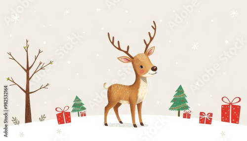 A cartoon deer stands in front of a Christmas tree and presents