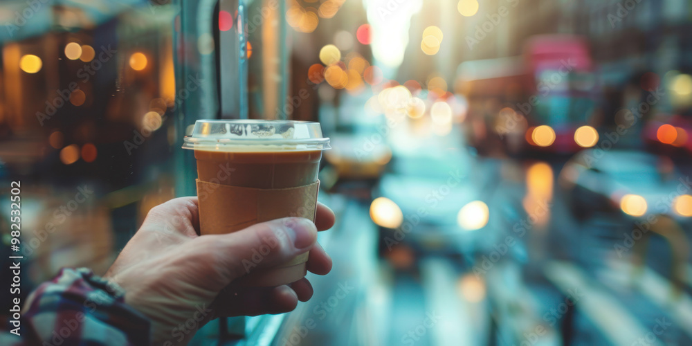 A close-up of a hand holding a cup of coffee, with a busy city street A close-up of a hand holding a cup of coffee, with a busy city street
