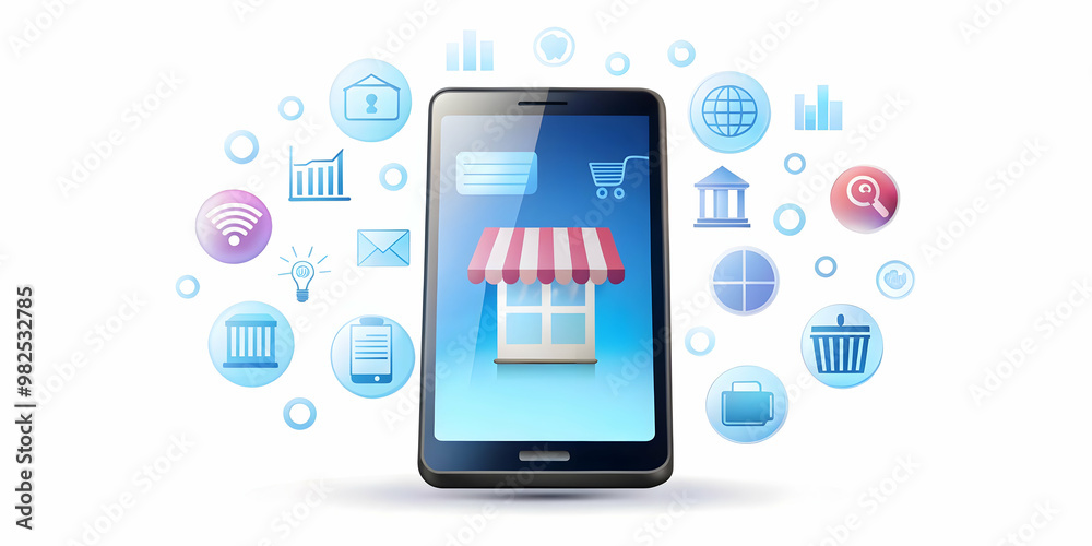 Flat Glossy Smartphone with Floating Business Icons on White Background for Mobile Commerce - Ideal Retail Marketing Vector Illustration Flat Glossy Smartphone with Floating Business Icons on White Background for Mobile Commerce - Ideal Retail Marketing Vector Illustration