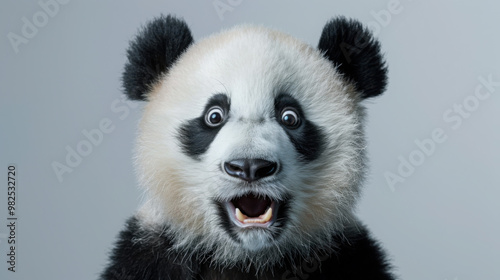 A surprised panda with wide, expressive eyes stands out against a minimalist backdrop, exuding a mix of cuteness and humor.
