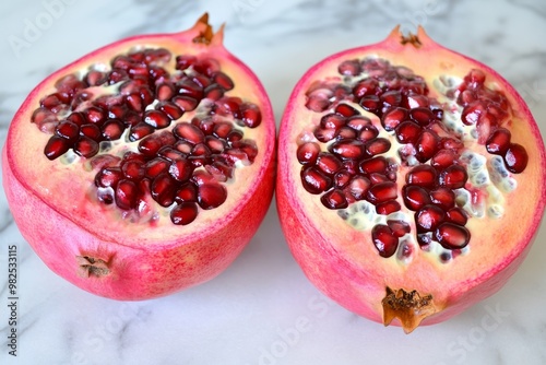 Half Pomegranates on a Marble Surface