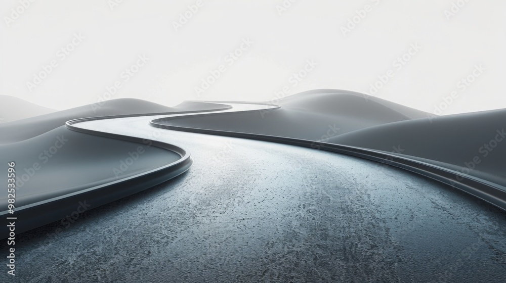 Minimalist 3D render of a long winding road on gray background, showcasing a sleek and modern perspective of travel and journey. Minimalist 3D render of a long winding road on gray background, showcasing a sleek and modern perspective of travel and journey.