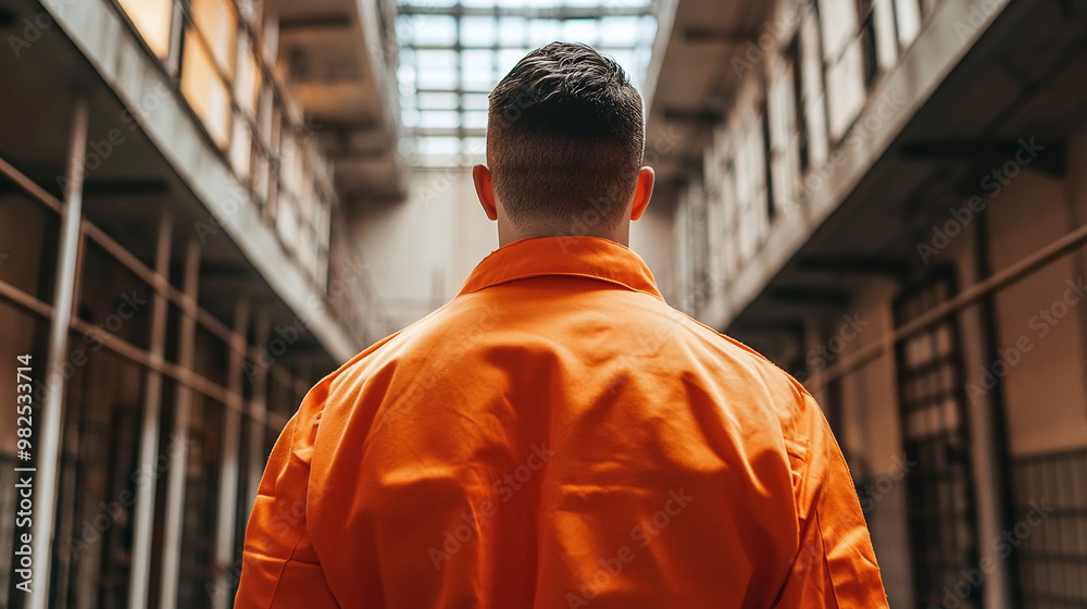 Fototapeta premium prisoner in an orange prison uniform against the backdrop of a prison
