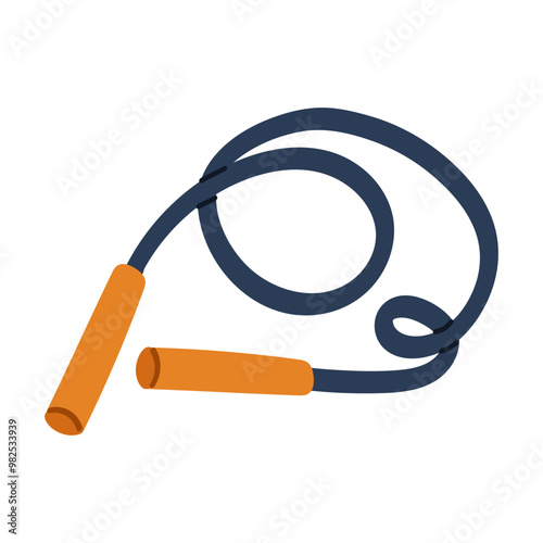 A flat illustration of a fitness jump rope for jumping for sports purposes. A sports simulator for all athletes. Isolated sports equipment in blue and yellow colors. Thread with handles