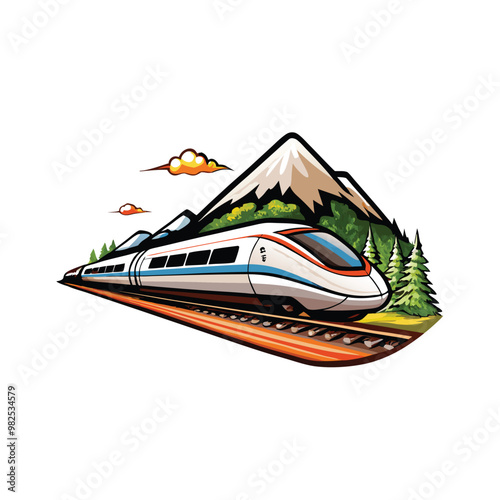 A realistic illustration of a modern bullet train speeding through a mountainous landscape with a snowy peak in the background.