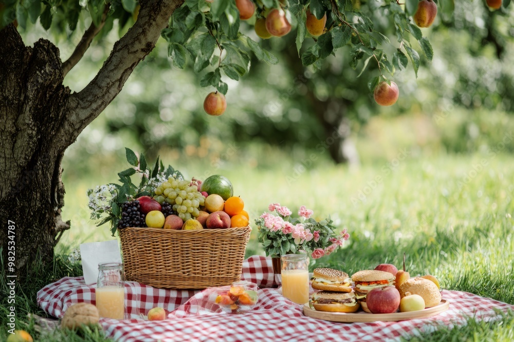 Enjoy a sunny picnic under a fruit tree. A vibrant setting with a basket of fresh fruits and delicious snacks. Perfect for outdoor gatherings and relaxation. Generative AI Enjoy a sunny picnic under a fruit tree. A vibrant setting with a basket of fresh fruits and delicious snacks. Perfect for outdoor gatherings and relaxation. Generative AI