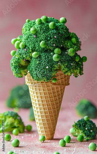 A green ice cream cone filled with broccoli and green candies. The image conveys a playful and creative idea of combining two seemingly unrelated things, such as ice cream and broccoli photo