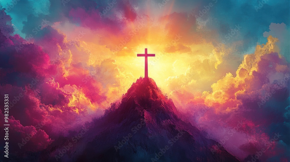 Fototapeta premium Majestic Cross Above Colorful Mountain at Sunrise