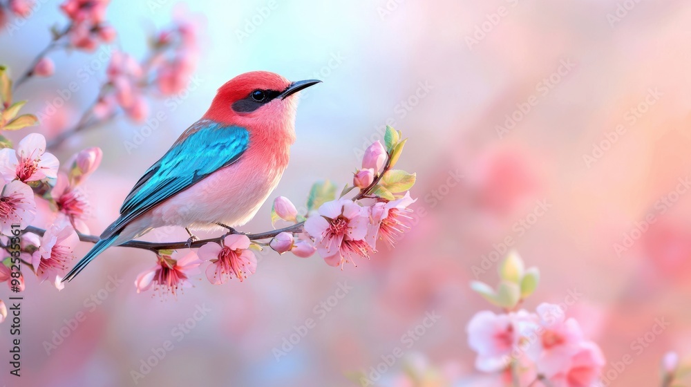 A Bird Perched on a Branch of Pink Blossoms A Bird Perched on a Branch of Pink Blossoms