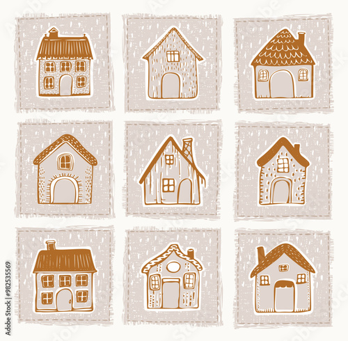 Whimsical snowy cottage door icon set with december festive Christmas motif. Winter holiday social media holiday getaway. Cute l hand drawn festive home design collection row of houses group. 