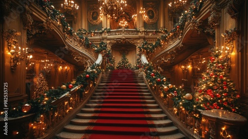 Opulent Grand Christmas Staircase with Elegant Holiday Decorations