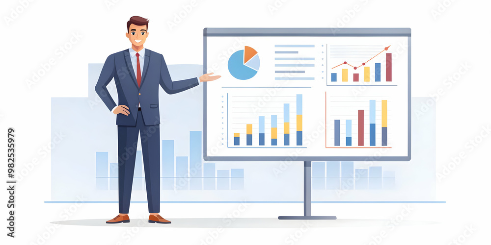 Flat Candid Businessman Presenting Retail Data | Professional Vector Illustration for Data-Driven Business Strategy and Marketing Content Flat Candid Businessman Presenting Retail Data | Professional Vector Illustration for Data-Driven Business Strategy and Marketing Content