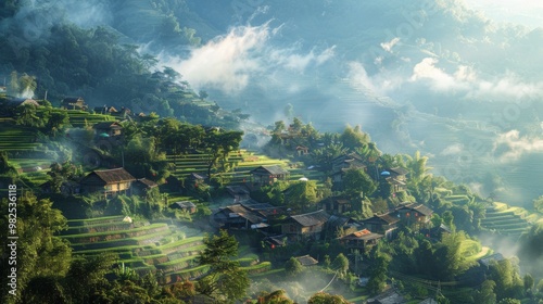 Stunning Misty Mountain Rice Terraces in Lush Scenic Countryside Landscape photo